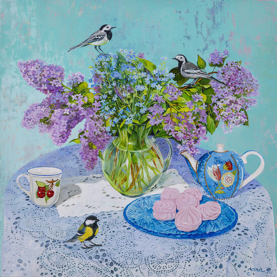 "Tea with wagtails" 70x70cm