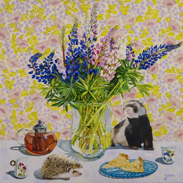 Summer still life with rhubarb pie